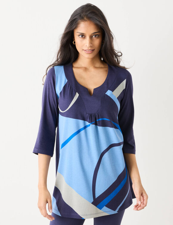 Tunique col V manches 3/4, imprimé graphique (marine / gris) Tunique col V manches 3/4, imprimé graphique (marine / gris)